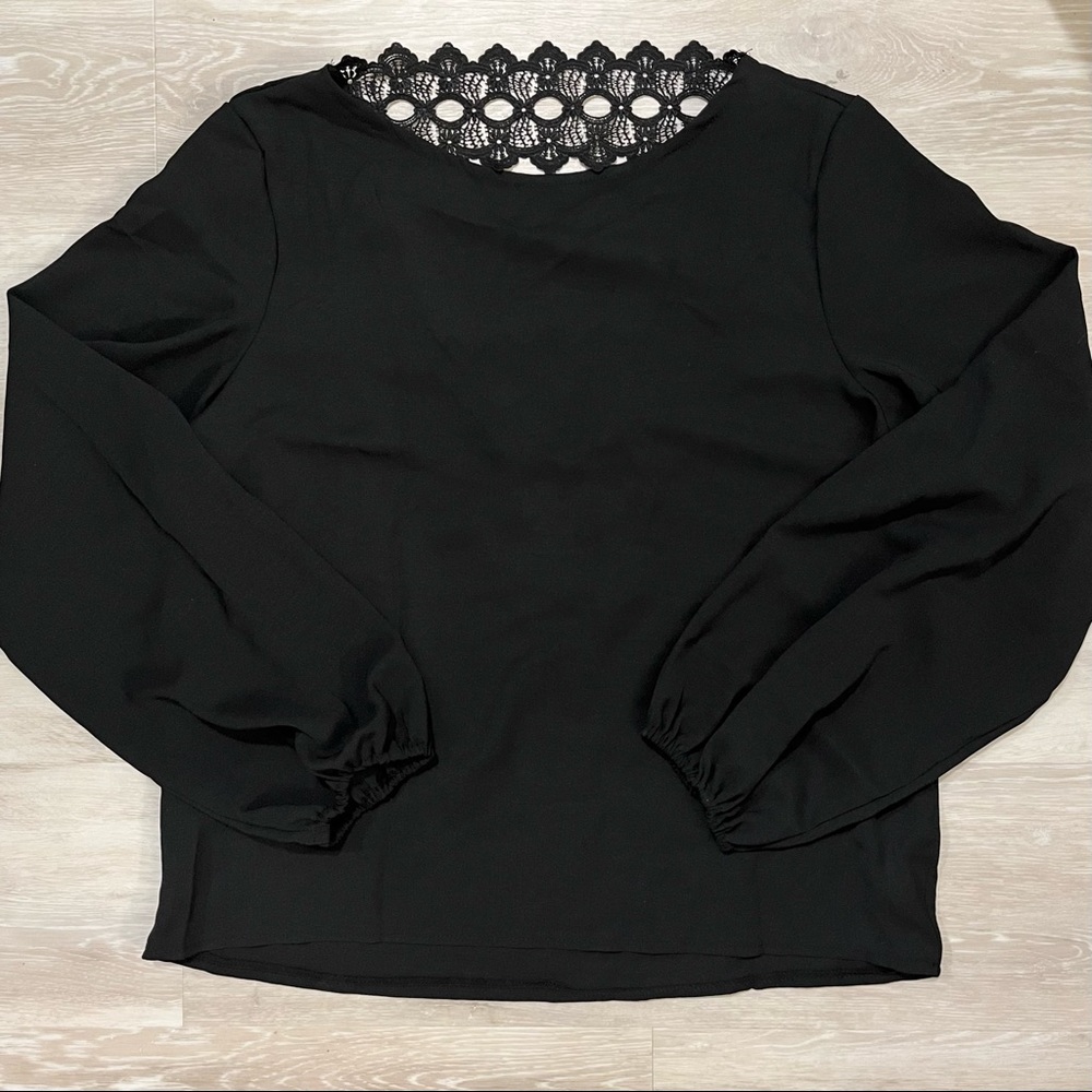 SHEIN blouse with open V lace-strip back, NWOT